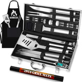 ROMANTICIST 26pcs Stainless Steel Grill Tool Set, Heavy Duty BBQ Grilling Accessories Gifts for Men Dad, Non-Slip Grill Utensils Kit with Apron, Thermometer, Mats in Aluminum Case for Christmas Silver