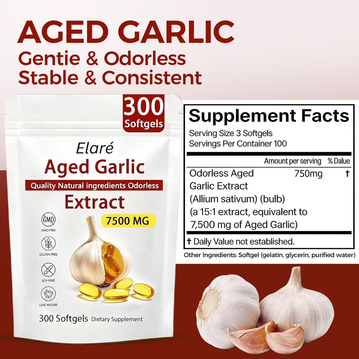 ELARE Aged Garlic Extract Capsules 7500 Odorless - 300 Count, Garlic Supplement, 2-Year Matured - for Heart & Immune Support, Non-GMO, Gluten-Free