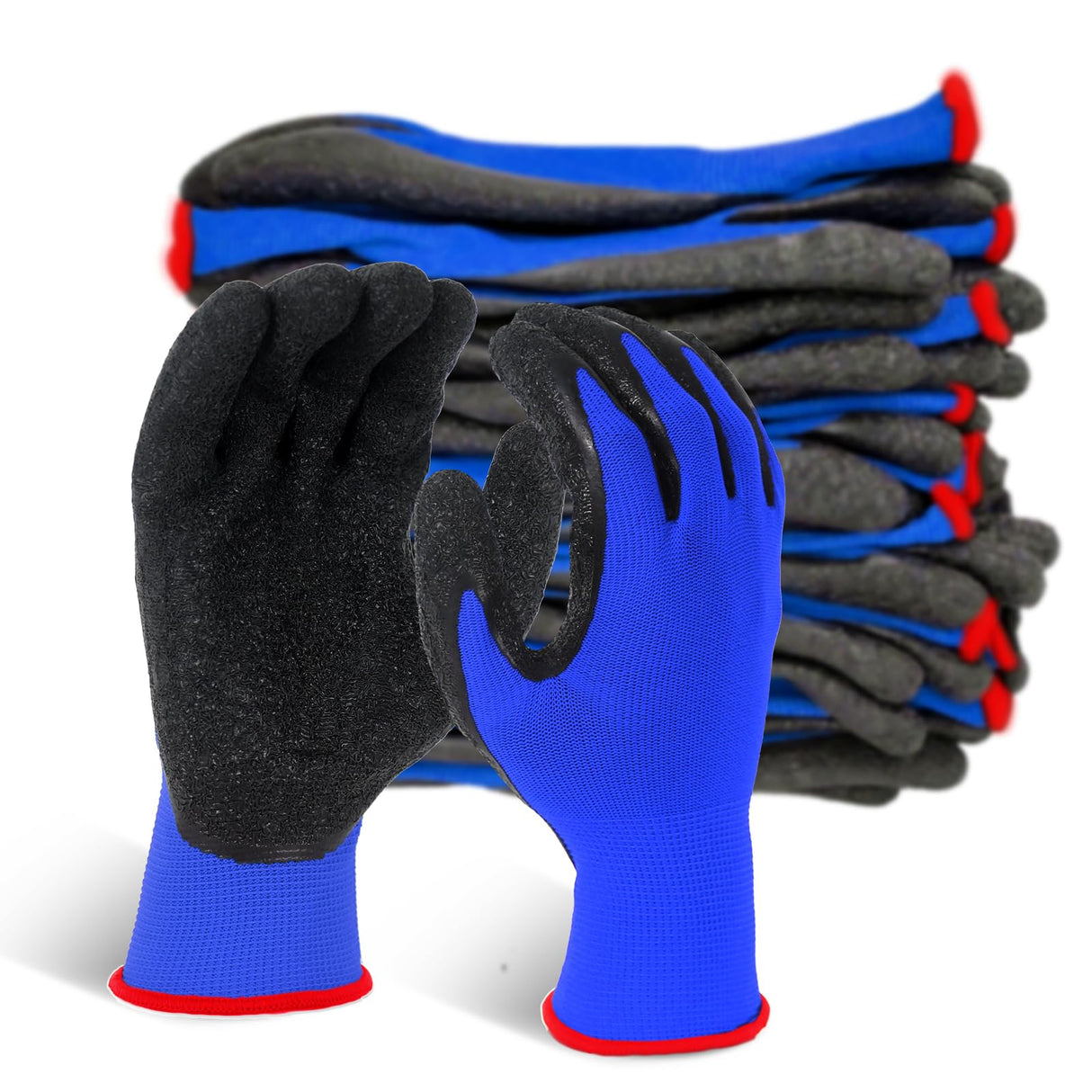 Evridwear Crinkle Latex Rubber Hand Coated Safety Work Gloves for Men Women General Multi Use Construction Warehouse Gardening Assembly Landscaping (Medium,Blue- 12Pair)