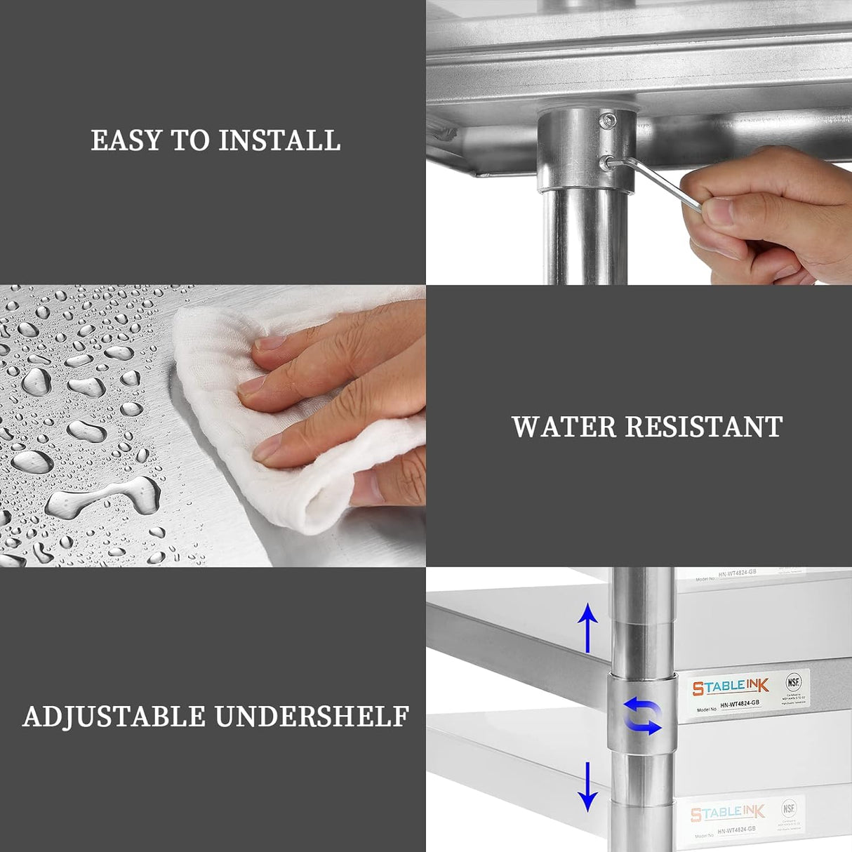 STABLEINK NSF Stainless Steel Prep Table 48 x 24 Inches Metal Work Table with Adjustable Undershelf for Commercial Kitchen, Restaurant, Hotel and Garage