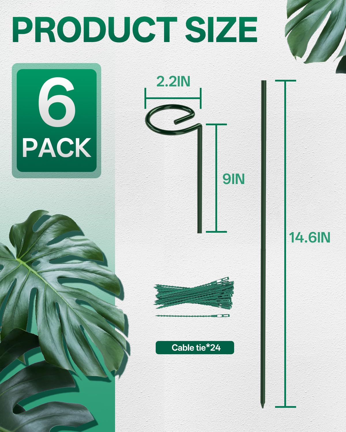6 Pack 35.4 In Metal Plant Stakes, Plant Support Stakes with 15 Twist Ties