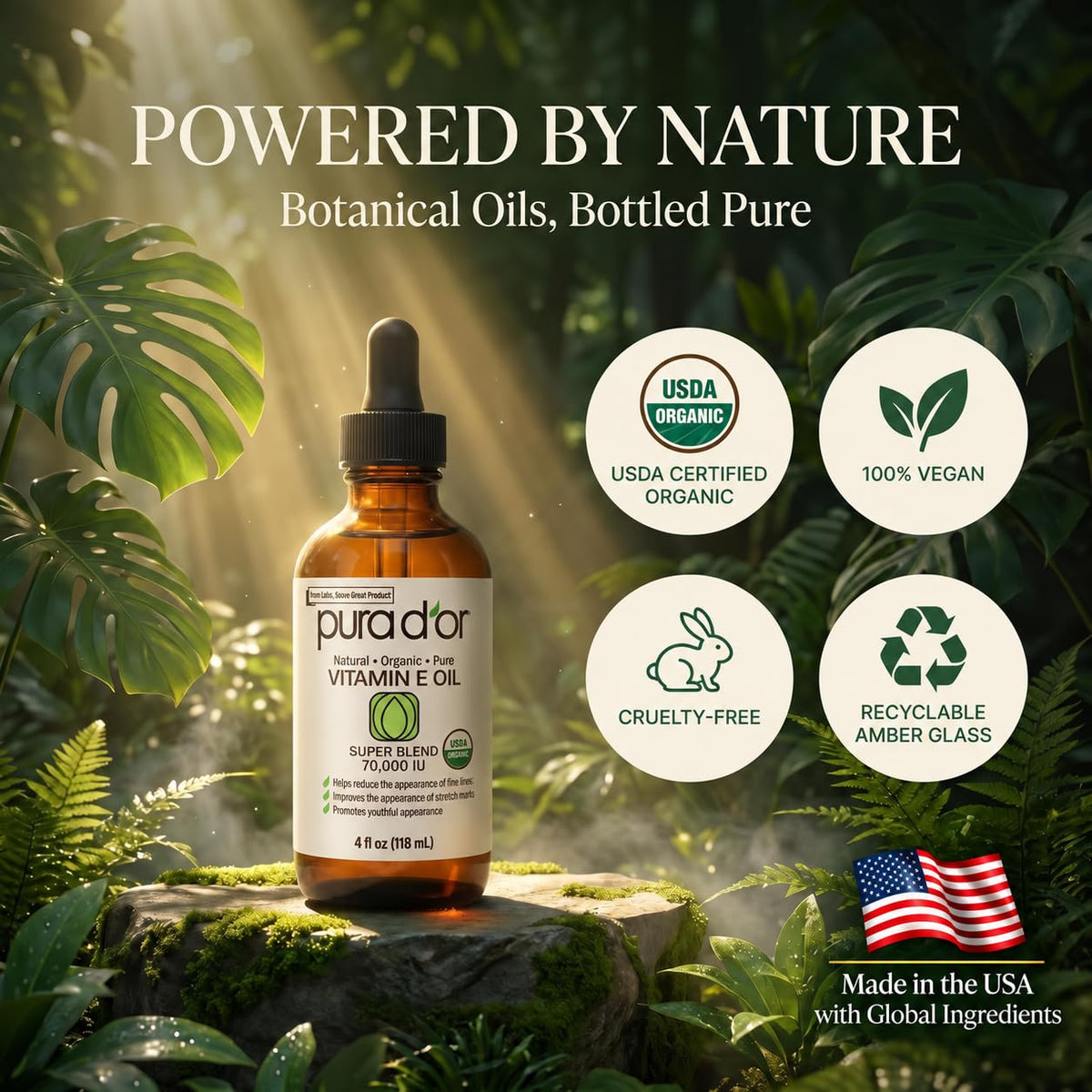 PURA D'OR ORGANIC Vitamin E Oil 70,000 IU for Face, Ayurvedic Skin Care 4oz