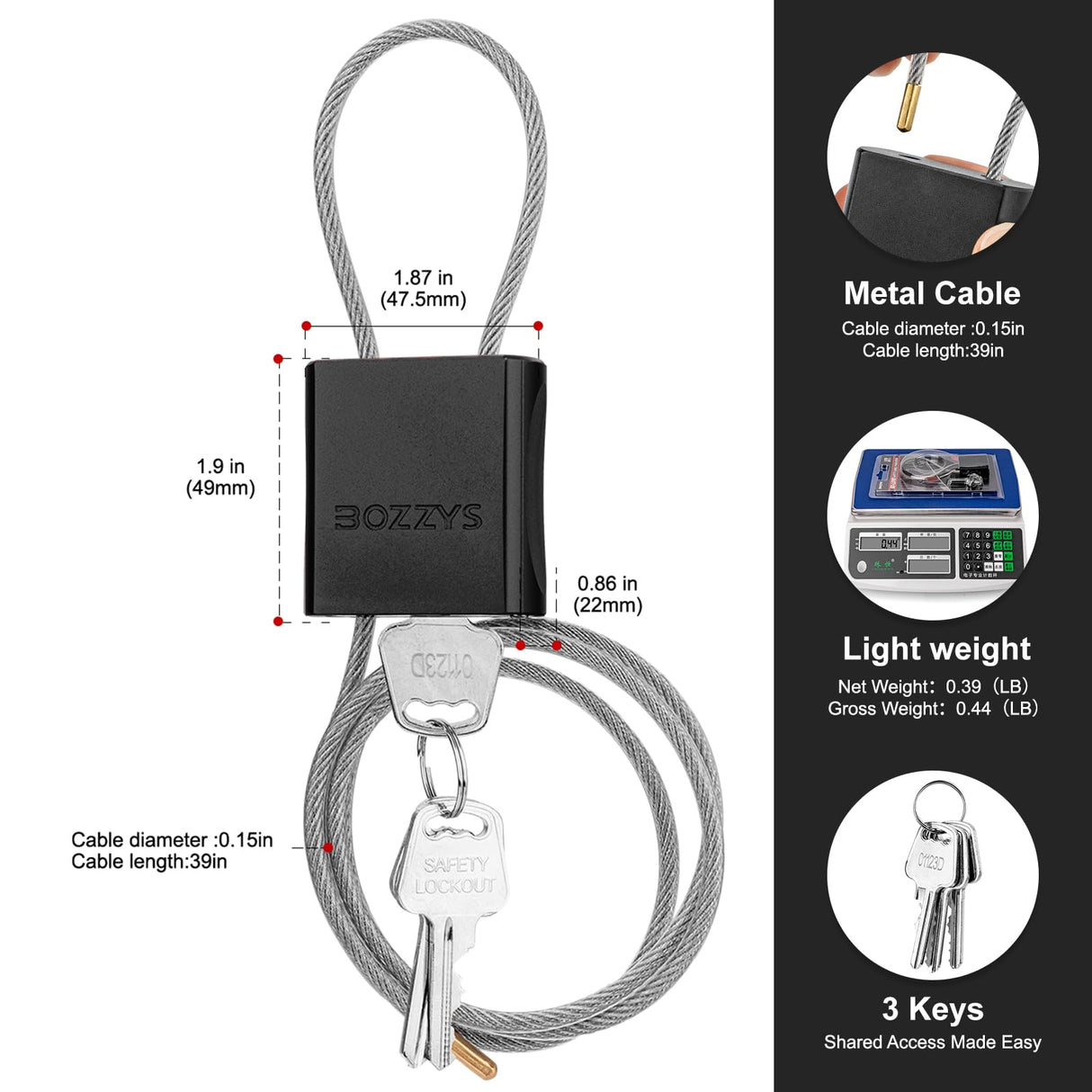 BOZZYS Cable Lock with 3 Keys | L 3.28ft(1m),D 1/6in(4mm) Adjustable Steel Cable Padlock | Aluminum Locks for Bikes, Gate, Lockers & Outdoor Gear | Weatherproof & Black