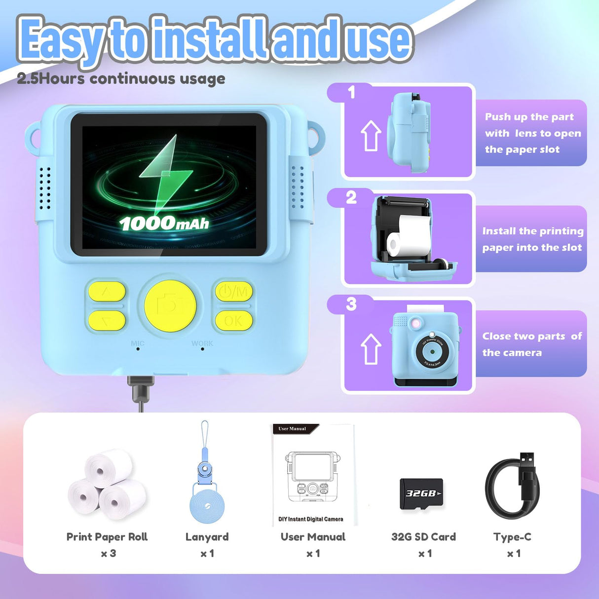 ESOXOFFORE Kids Camera Instant Print, Christmas Birthday Gifts for Kids Age 3-12, Selfie Digital Camera with 1080P Videos,Toddler Portable Travel Cameras Toy for 4 5 6 7 8 9 Year Old Boys Girls-Blue