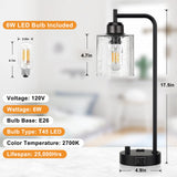 Industrial Bedside Table Lamp for Bedroom - Nightstand Lamps with USB C Charging Port, Fully Dimmable Black Ports and Outlets, Small Desk Glass Shade Office Living Room