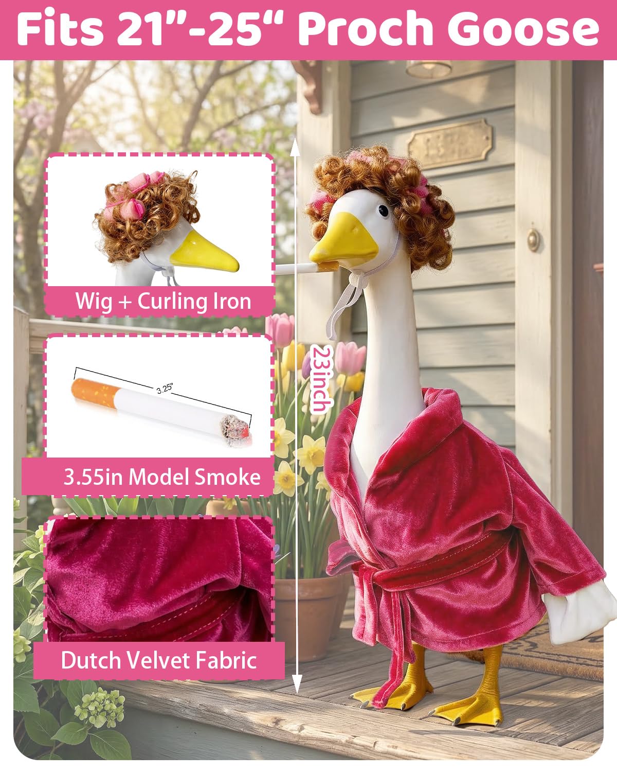 GigaCircle Lady Porch Goose Outfits with Wig, Rollers & Adhesive Dots- 23" Funny Bathrobe Lawn Geese Clothes, Hilarious Robe Porch Goose Outfits for Garden Decor, Gag Gift for Mom Grandma