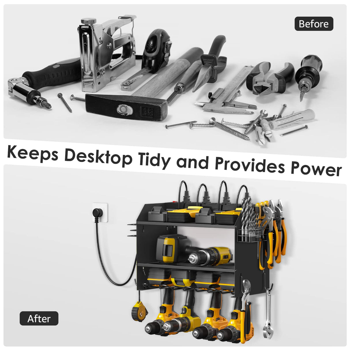 CCCEI Modular Power Tool Organizer Wall Mount with Charging Station. Garage Drill Storage Shelf with Hooks, Heavy Duty Rack, Tool Battery Holder Built in 8 Outlet. Gift for Men. Black, 1 Pack.