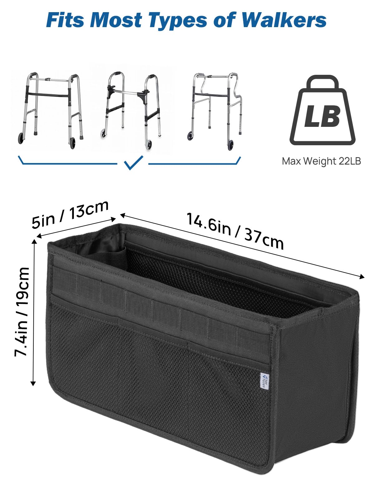 JOYTUTUS Walker Basket for Folding Walker, Basket for Walkers for Seniors, Rollator Walkers Storage Bag,Bag with Big Capacity & Never Tipping Over, Best Gift for Father Mother