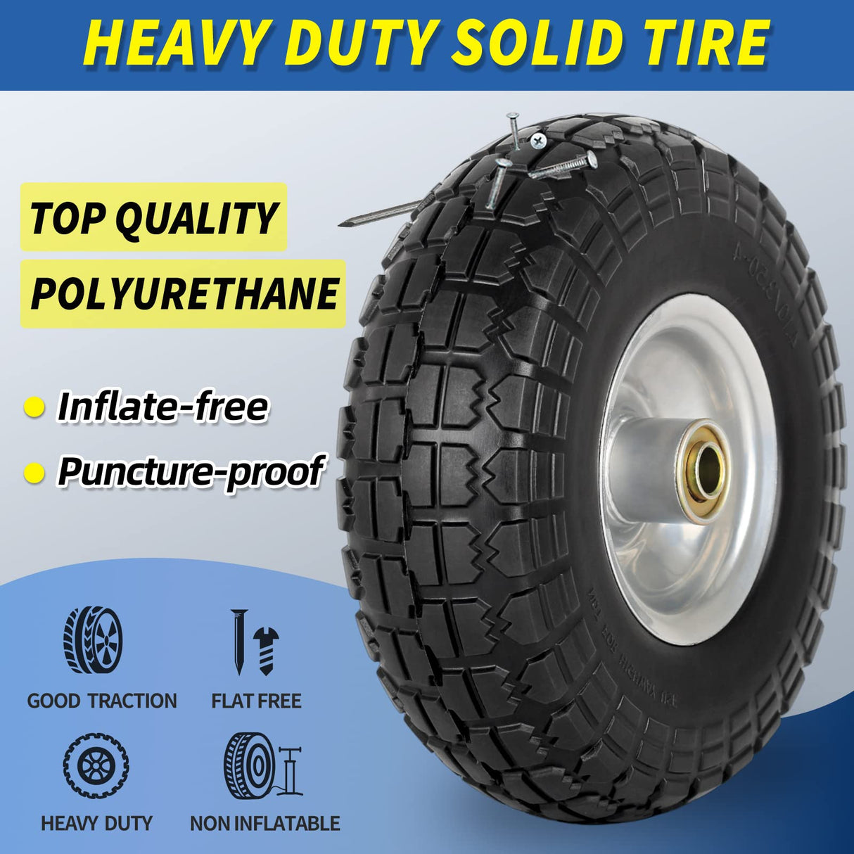 GICOOL 4.10/3.50-4" Flat Free Tire and Wheel, 10" Heavy Duty Solid Tire, 5/8" Axle Bore Hole, 2.2" Offset Hub, for Hand Truck Garden Cart Wagon Trolley Dolly Replacement, 2 Pack