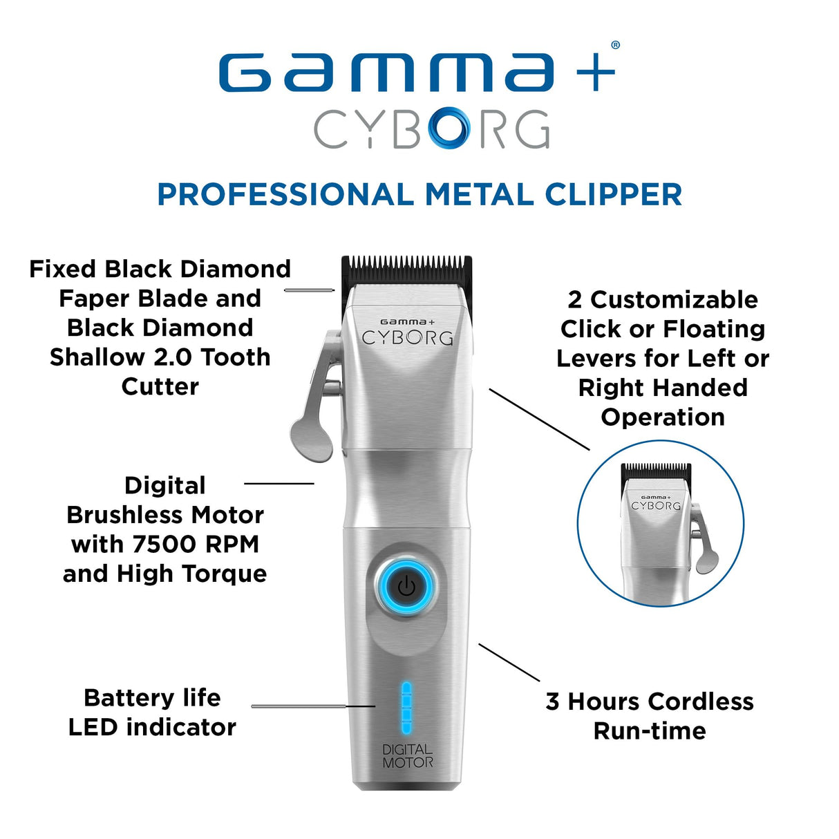GAMMA+ Cyborg Professional Metal Cordless Ergonomic Hair Clipper with Digital Brushless Motor