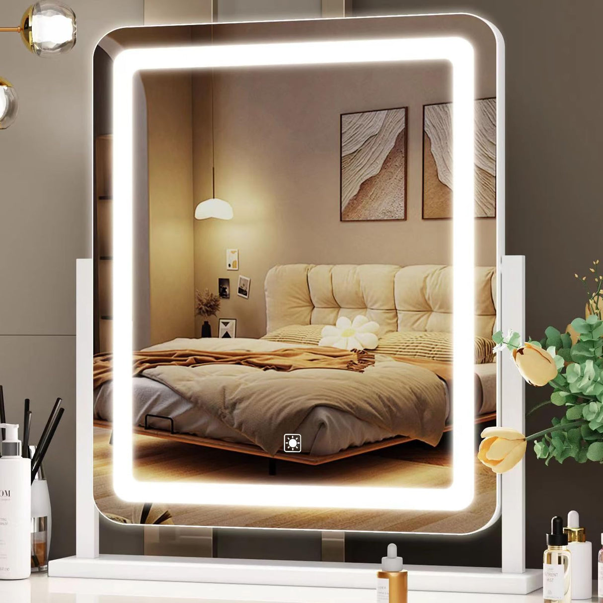 Gvnkvn Lighted Makeup Mirror, Hollywood Vanity Mirror with Lights, Three Color Lighting Modes, and 5X Magnification Mirror, Smart Touch Control, 360°Rotation (17.2in. White)
