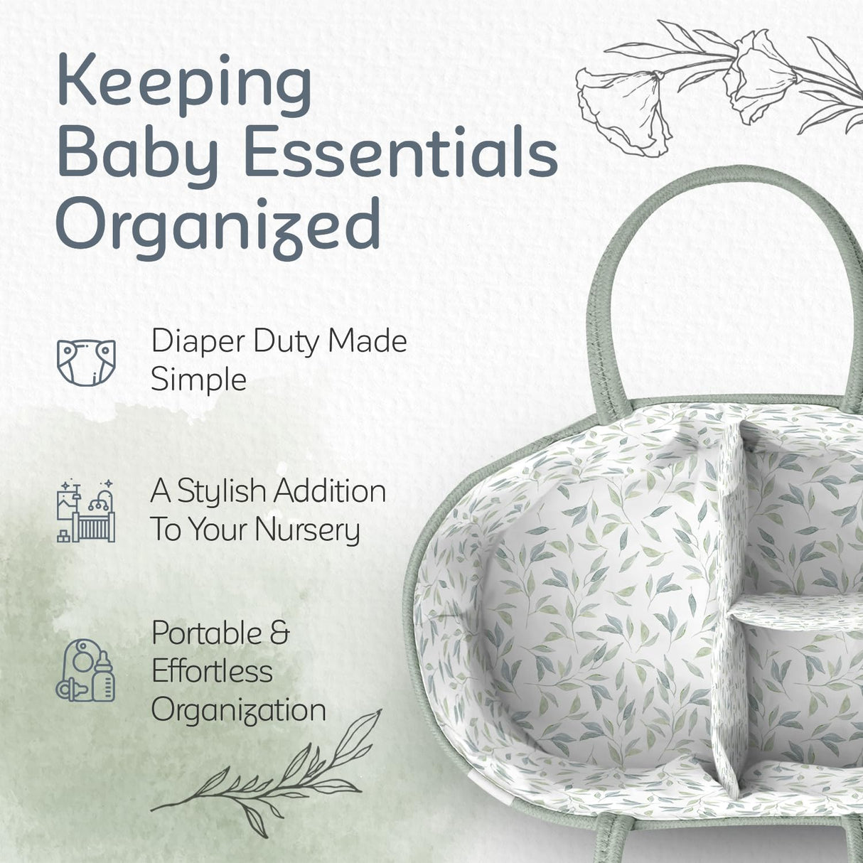 KiddyCare Diaper Caddy Organizer for Baby Nursery Basket with Handle Lid Nursing Caddy with Changing Table Organizer Cart Newborn Caddy Basil Large