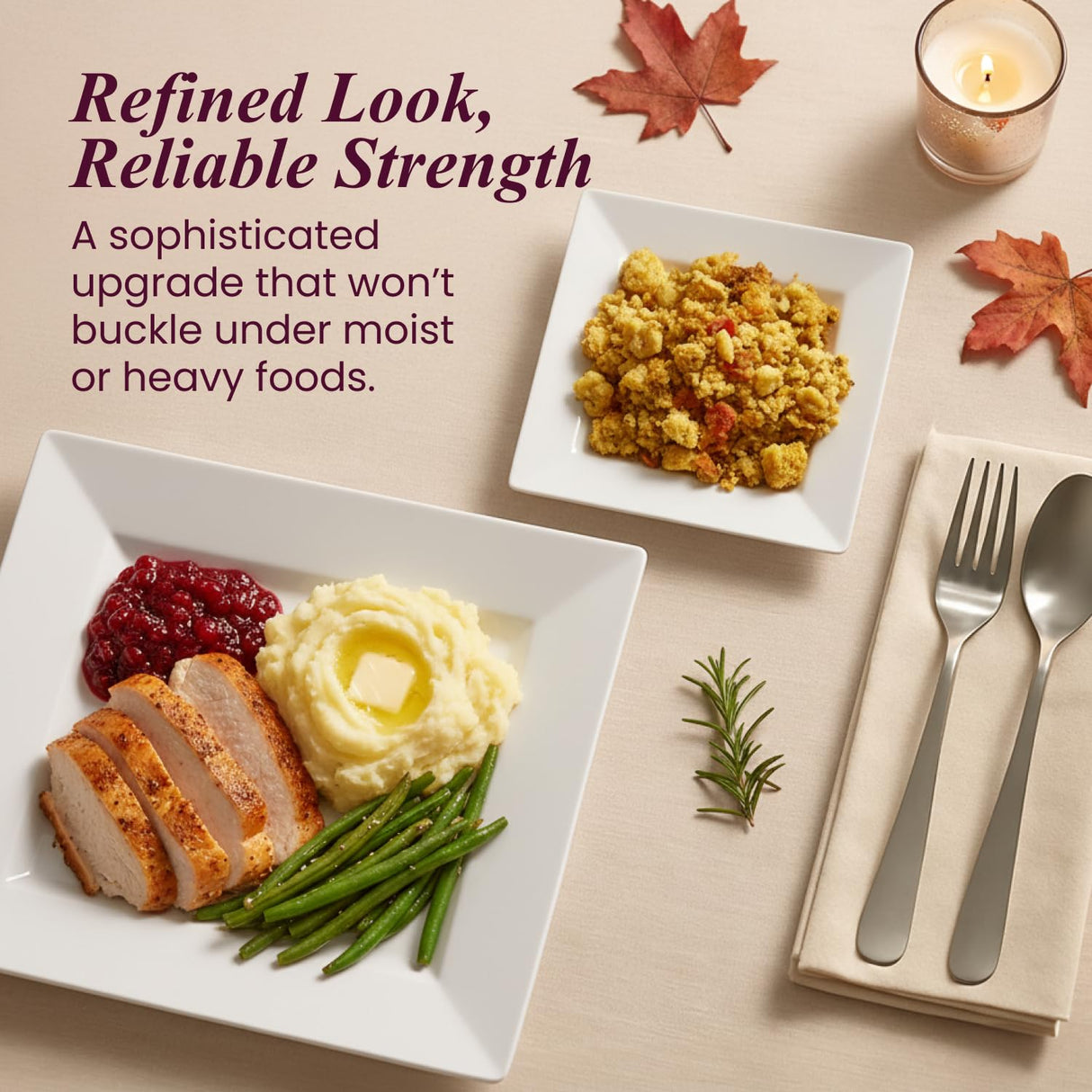 Aya's 60ct White Square Disposable Plates - Heavy Duty Plastic Party Plates for Christmas, Thanksgiving (30 Dinner & 30 Salad)