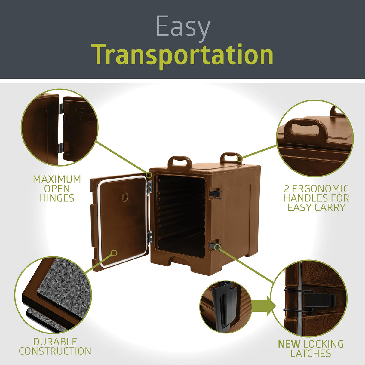 Pearington Premium Insulated Food Pan Carrier, 81 Quart, Double Walled with Dual Front Latches, Fits 5 Full Size Pans, Brown