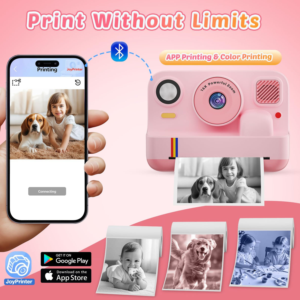 Instant Print Camera for Kids, App Printing, 1080P Video, Dual-Lens Selfie Digital Camera with 32G SD, Christmas Birthday Gifts for Girls Boys 4 5 6 7 8 9 10 11 12 Year Old, Portable Toddler Toy