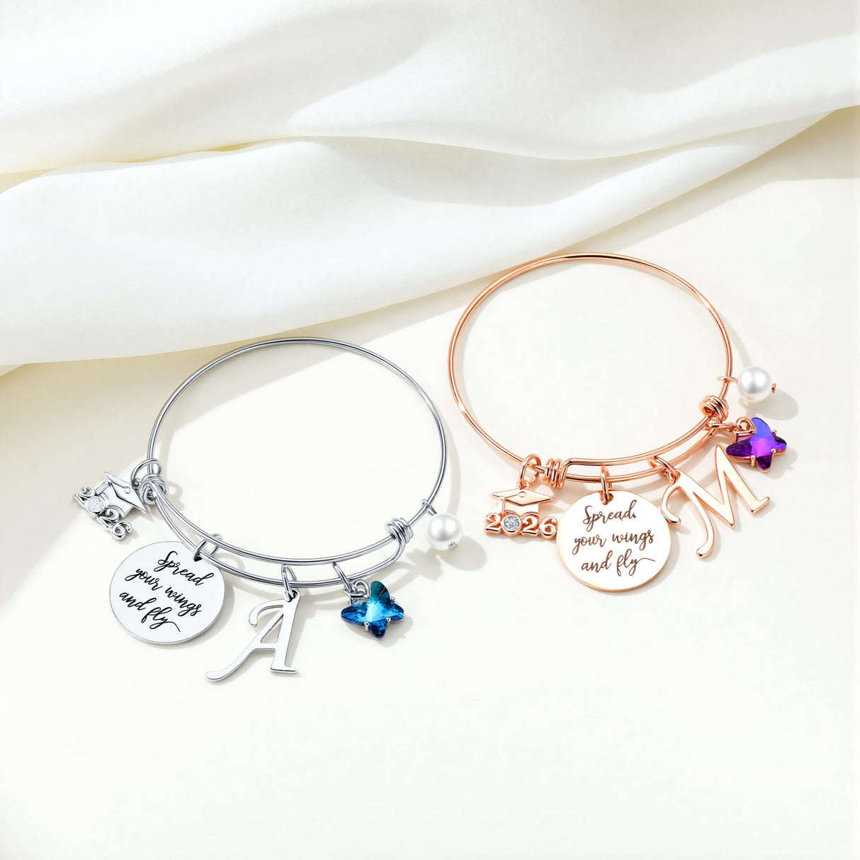 Turandoss Graduation Gifts Bracelets for Her 2026 - Engraved Inspirational Bangle with Graduation Grad Cap Mantra Quote Spread Your Wings and Fly Charm Silver Initial M Bracelets Gifts for Women Her