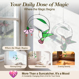 Stained Glass Hummingbird Suncatcher with Flower Branch - Handmade Real Glass Window Hanging, Bird Safe Gift for Women, Mom & Bird Lovers - Vibrant Porch & Kitchen Decor (Green)