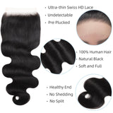 5x5 SKINLIKE 100% Real HD Lace Closure Body Wave Human Hair Closure 0.095mm Ultra-thin Invisible Swiss HD Lace Closure Pre Plucked Small Single Knots Brazilian Virgin Human Hair HD Closure 16inch