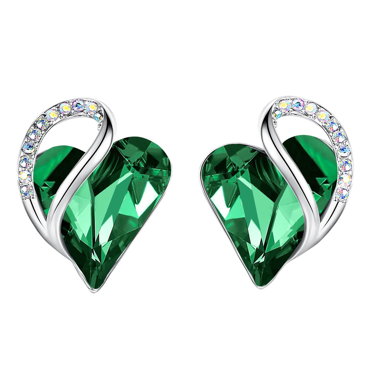 Leafael Infinity Love Heart Stud Earrings for Women, May Birthstone Crystal Emerald Green, Gifts for Mom, Wife, and Her, Silver Tone