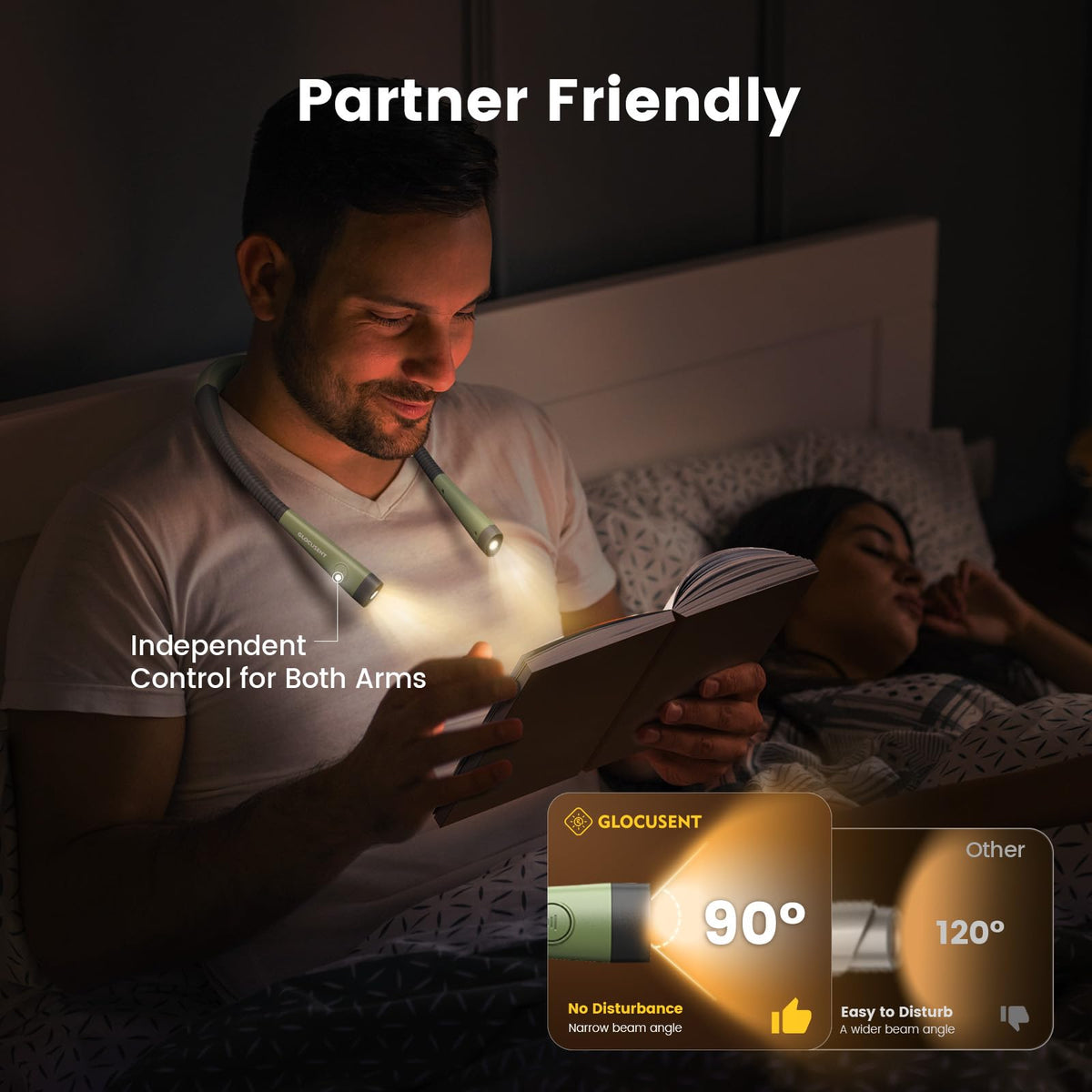 Glocusent Reading Light LED Neck Light,80-hr Rechargeable Book Light
