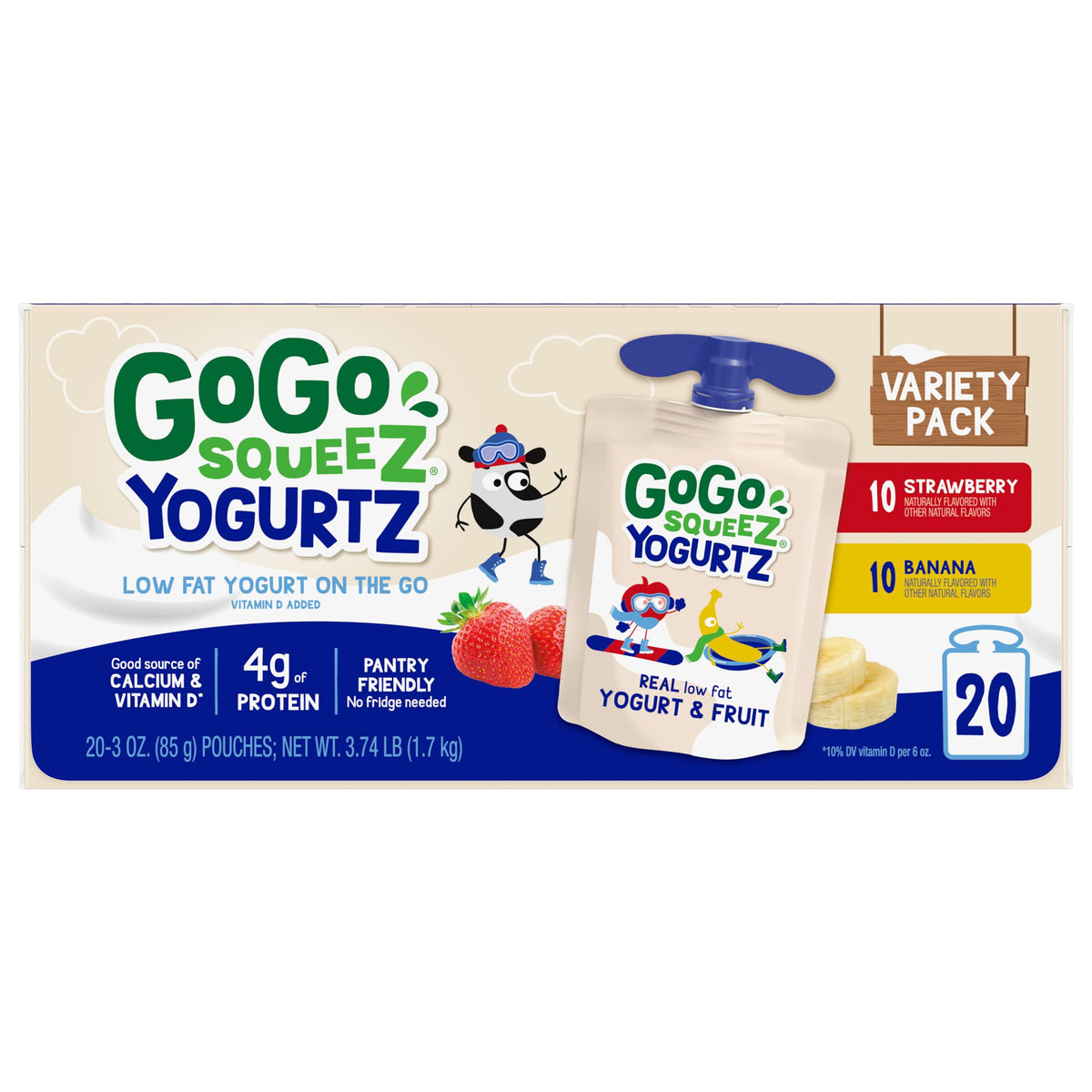 GoGo squeeZ Low Fat YogurtZ Variety Pack, 3 oz Pouches, 20 Count