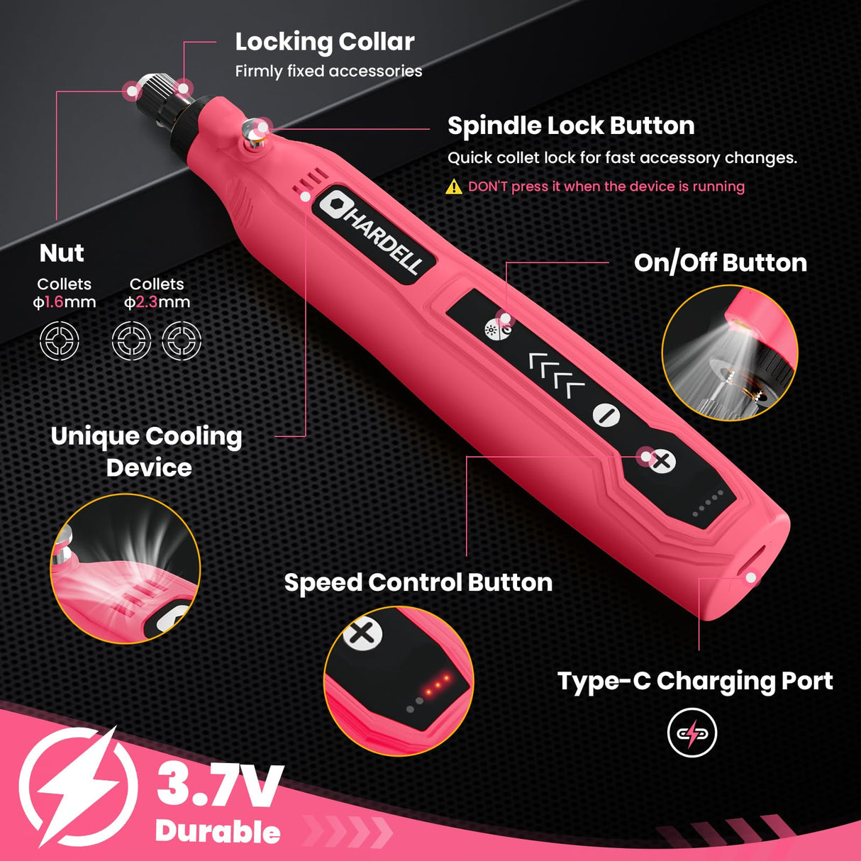 HARDELL Mini Cordless Rotary Tool, 5-Speed 3.7V Rechargeable Rotary Tool Kit with 36Accessories, USB Charging Multi-Purpose DIY Tool for Sanding, Polishing, Drilling, Engraving, Woodworking(Pink 36)