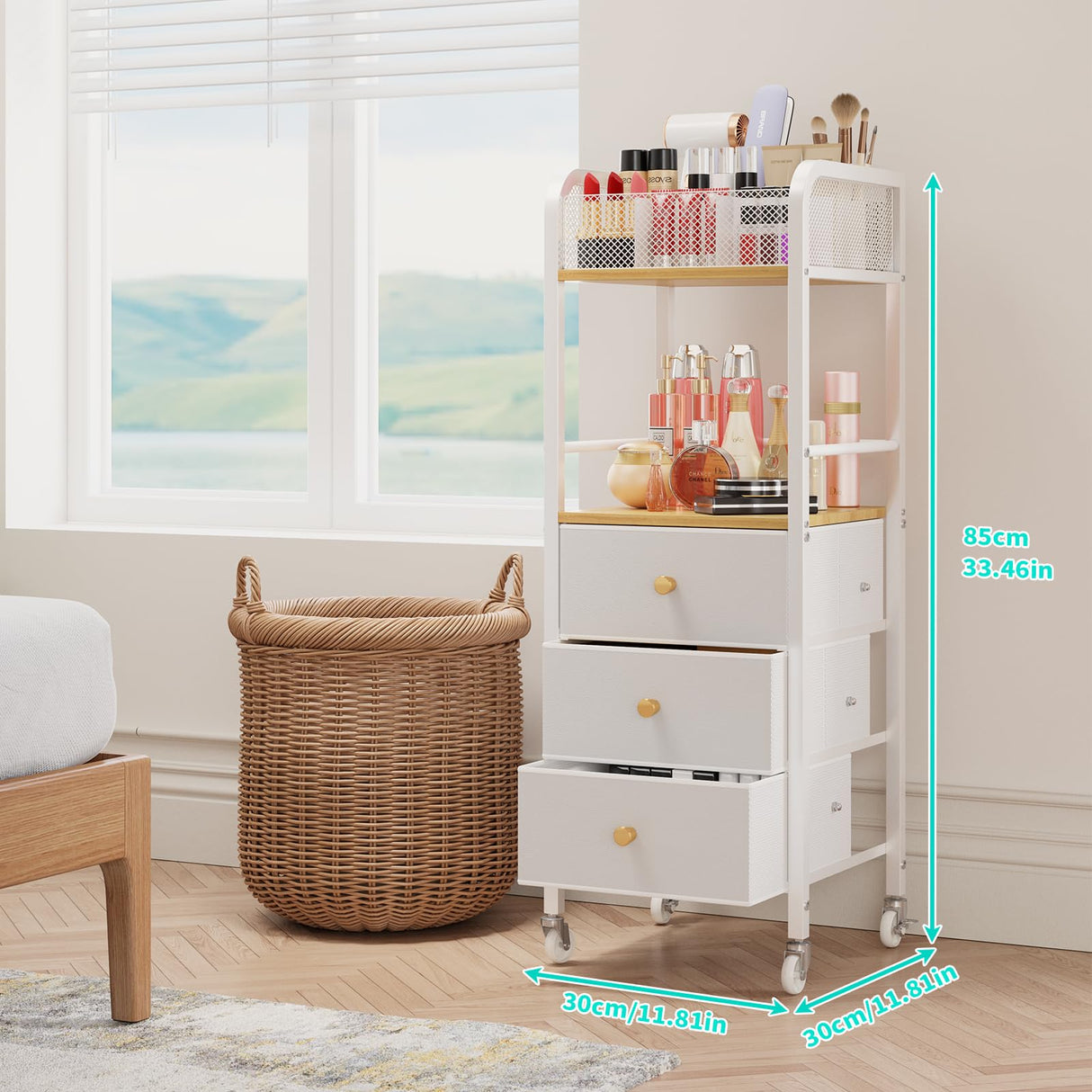 HapiRm Rolling Makeup Cart Organizer - Floor Skincare Make Up Storage with 3 Drawers, Vanity Organizer Cosmetic Display Cases Holder for Skin Care Perfume Nail Polish Brush Hair Tool