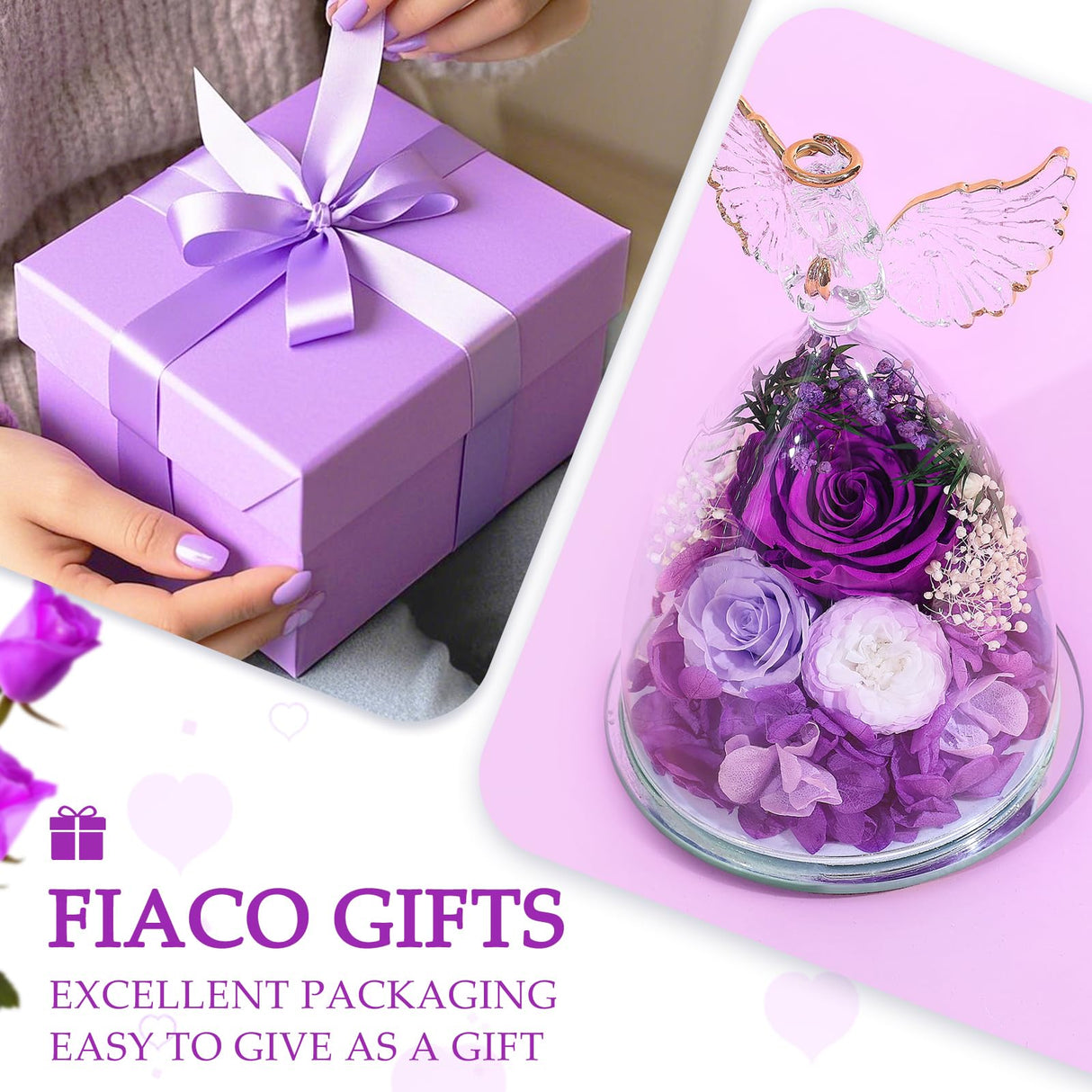 FIACO Gifts for Women Mom Preserved Rose Forever Flower in Glass Angel Figurine Fresh Flowers for Delivery Birthday Gifts for Grandma Wife Sister Christmas Anniversary Eternal Purple Roses