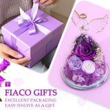 FIACO Gifts for Women Mom Preserved Rose Forever Flower in Glass Angel Figurine Fresh Flowers for Delivery Birthday Gifts for Grandma Wife Sister Christmas Anniversary Eternal Purple Roses