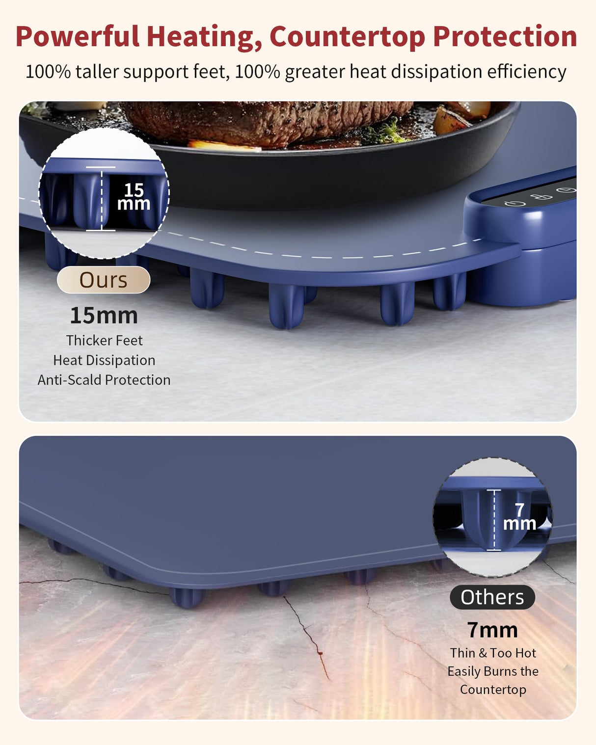 Warming Mat for Food, Upgraded Fast-Heating Electric Warming Tray with 7 Temp Levels & 8 Timers, Buffet Raised Feet & Rollable Silicone Heat Pad, Portable Food Warmer for Home, Party & Travel (Blue)