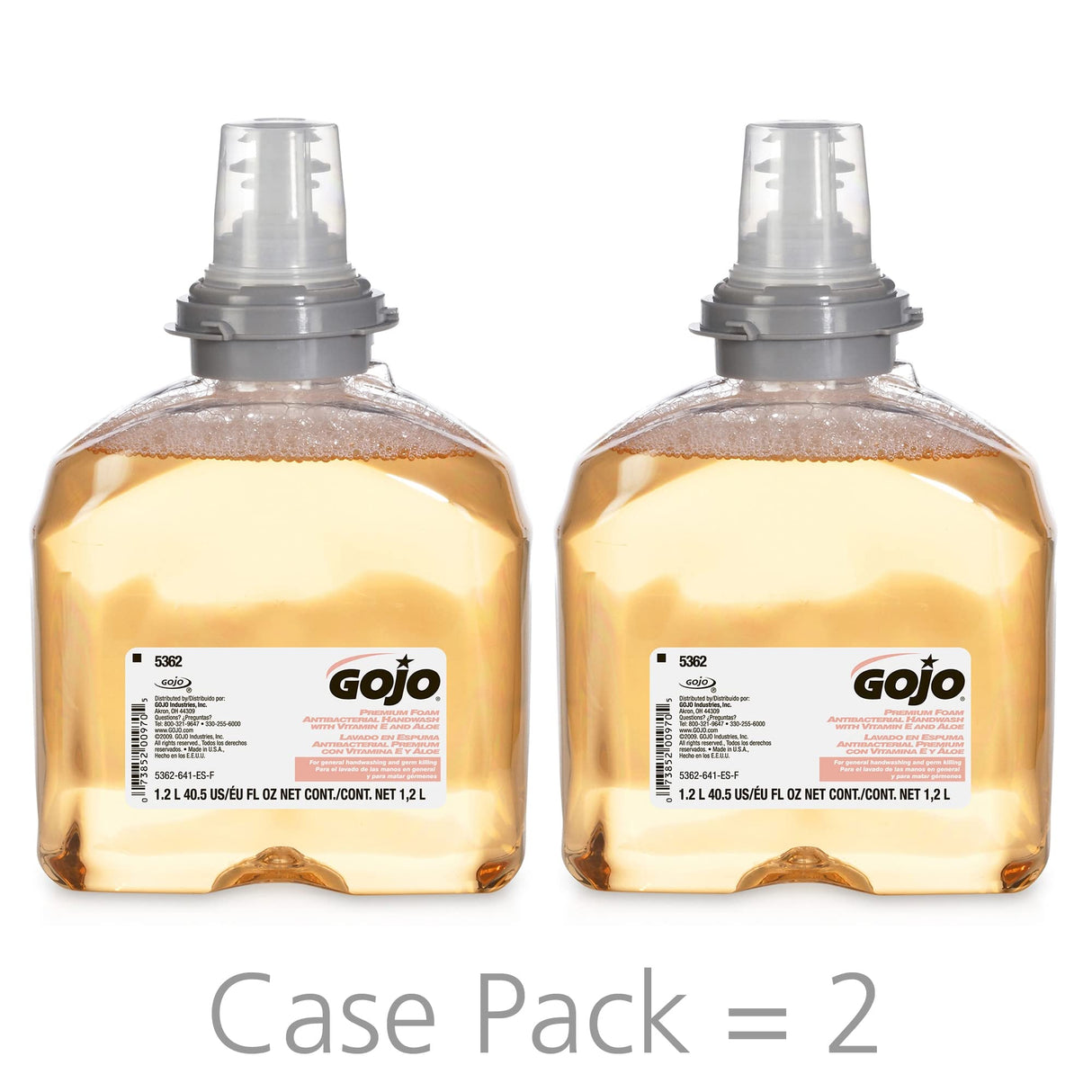 GOJO TFX Premium Foam Antibacterial Handwash, Fresh Fruit Scent, 1200 mL Foam Hand Soap Refills TFX Touch-Free Dispenser (Pack of 2) - 5362-02