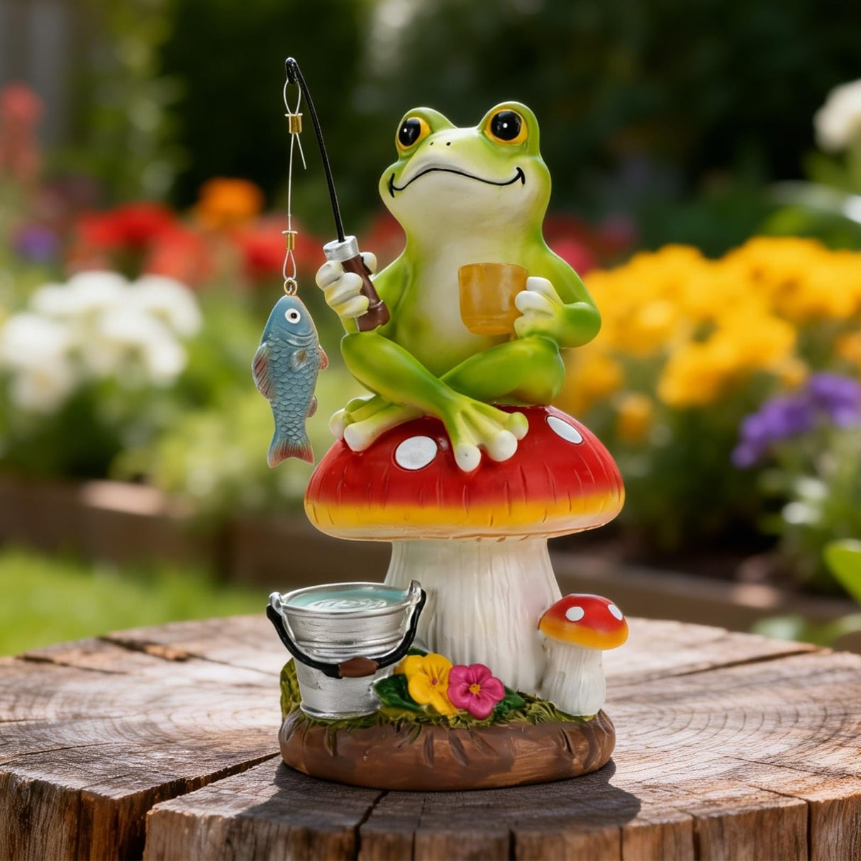Elegondrar Solar Frog Garden Statue Outdoor Decor – Funny Fishing Frog Sitting on Mushroom, Gardening Gifts for Women, Mom, Grandma, Birthday, Housewarming, Christmas, Resin, 8.27" H