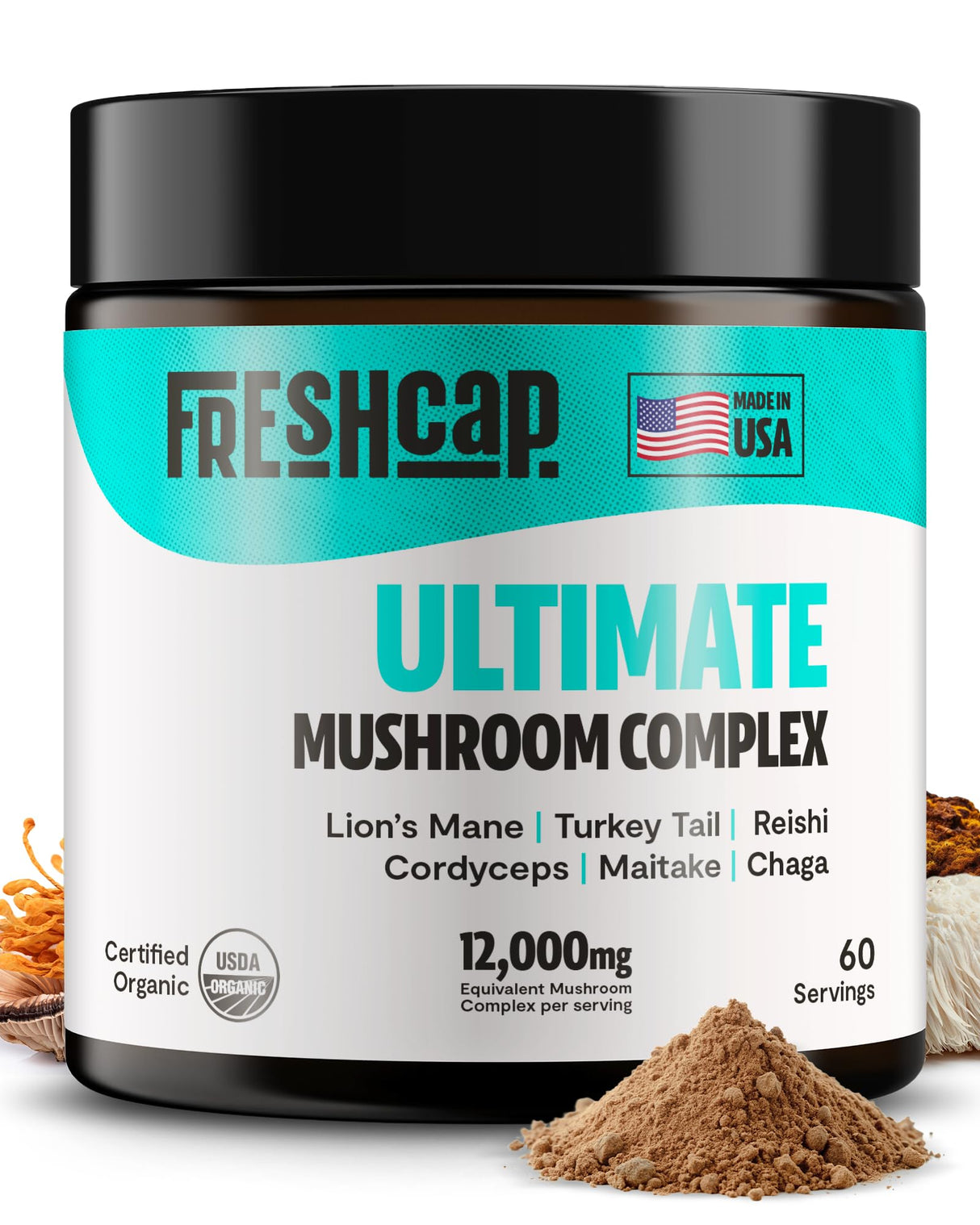 FreshCap Mushrooms Ultimate Mushroom Supplement Powder 12,000mg - Nootropic Organic Mushroom Complex for Focus & Memory, Brain Support Supplement, Ayurveda Mushroom Powder Extract (60 Servings)