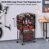 JUNNUJ Large Power Tool Organizer Cart with Charging Station, Garage Floor Standing Rolling Drill and Tools Battery Storage Cart on Wheels, Heavy Duty Utility Rack Shelf with 8 Outlet Power Strip, Red