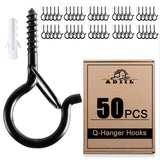ADIIL 50 PCS Q Hanger Hooks with Safety Buckle, Windproof Screw Hooks for Hanging Outdoor String Lights, Plants, Christmas Patio Lights, 2.2 Inches, Black