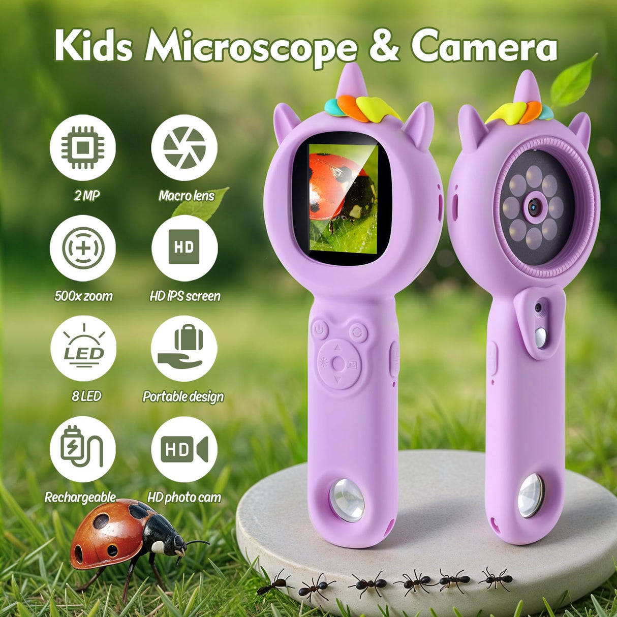 Kids Microscope- 500x Magnification,16X Zoom,Handheld Microscope for Kids with HD Cam,Portable Science Learning Tool,Christmas Birthday Gifts for Boys Girls Aged 3-12,32GB SD Card Include (Purple)