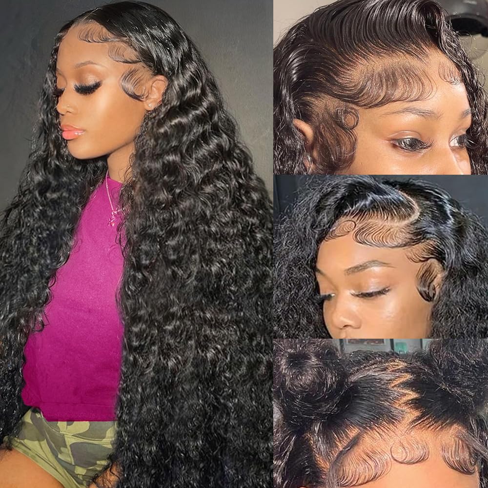 JYGeng 32 Inch Deep Wave Lace Front Wigs Human Hair 13x6 HD Lace Front Wigs Human Hair Pre Plucked 200% Density Glueless Wigs with Baby Hair Deep Curly Wig for Women