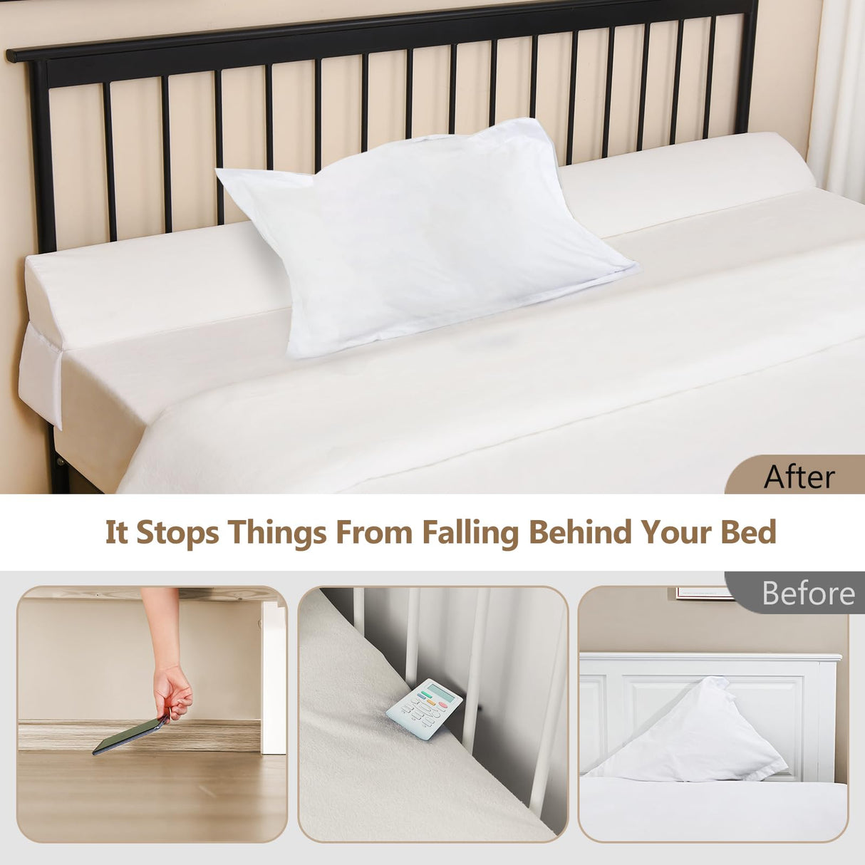 Vekkia King Bed Wedge Pillow for Headboard/Wedge Pillow Headboard/Bed Gap Filler/Headboard Pillow,Pillow Wedge for Headboard Gap0-3.5",Stop Loosing Your Pillows,Phone&Glasses(White 76"x6.5"x4.5")