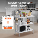 VEVOR Stainless Steel Food Prep Table, 18 x 36 x 34 Inch Commercial Kitchen Worktable, with 2 Adjustable Undershelf, Heavy Duty Prep Metal Work Table for BBQ, Kitchen, Home, and Garage