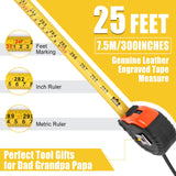 Fathers Day Papa Gifts, Genuine Leather Engraved 25 FT Tape Measure Tool Gifts for Men Father's Day Dad Gifts Christmas Gift Birthday Xmas Stocking Stuffers for Men