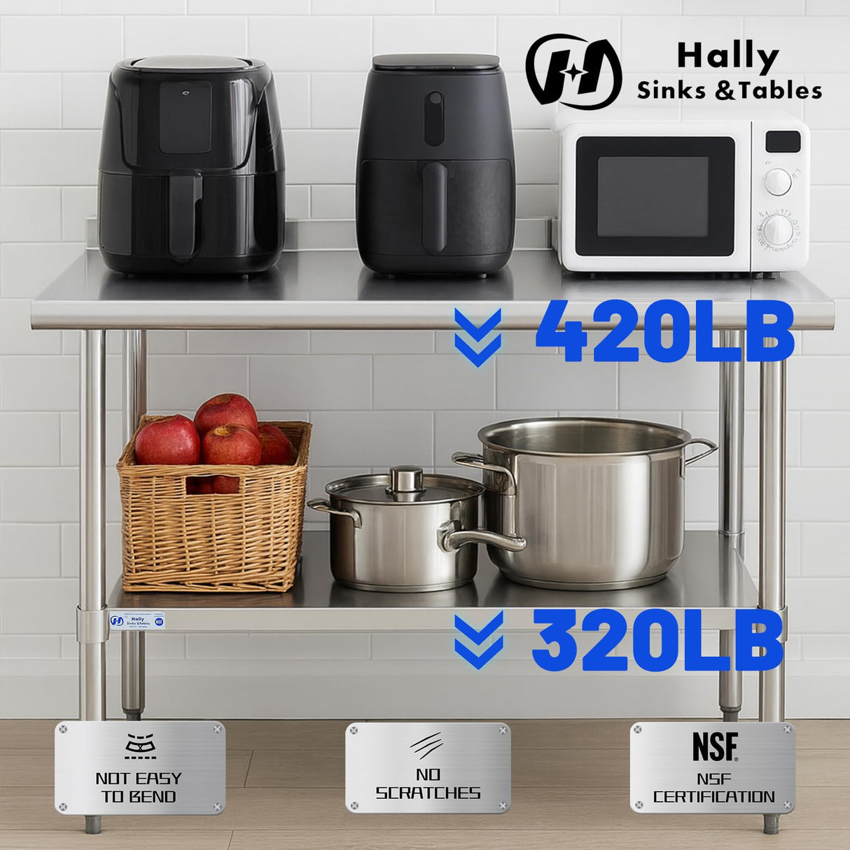 Hally Stainless Steel Table for Prep & Work 24 x 30 Inches, NSF Commercial Heavy Duty Table with Undershelf and Backsplash for Restaurant, Home and Hotel