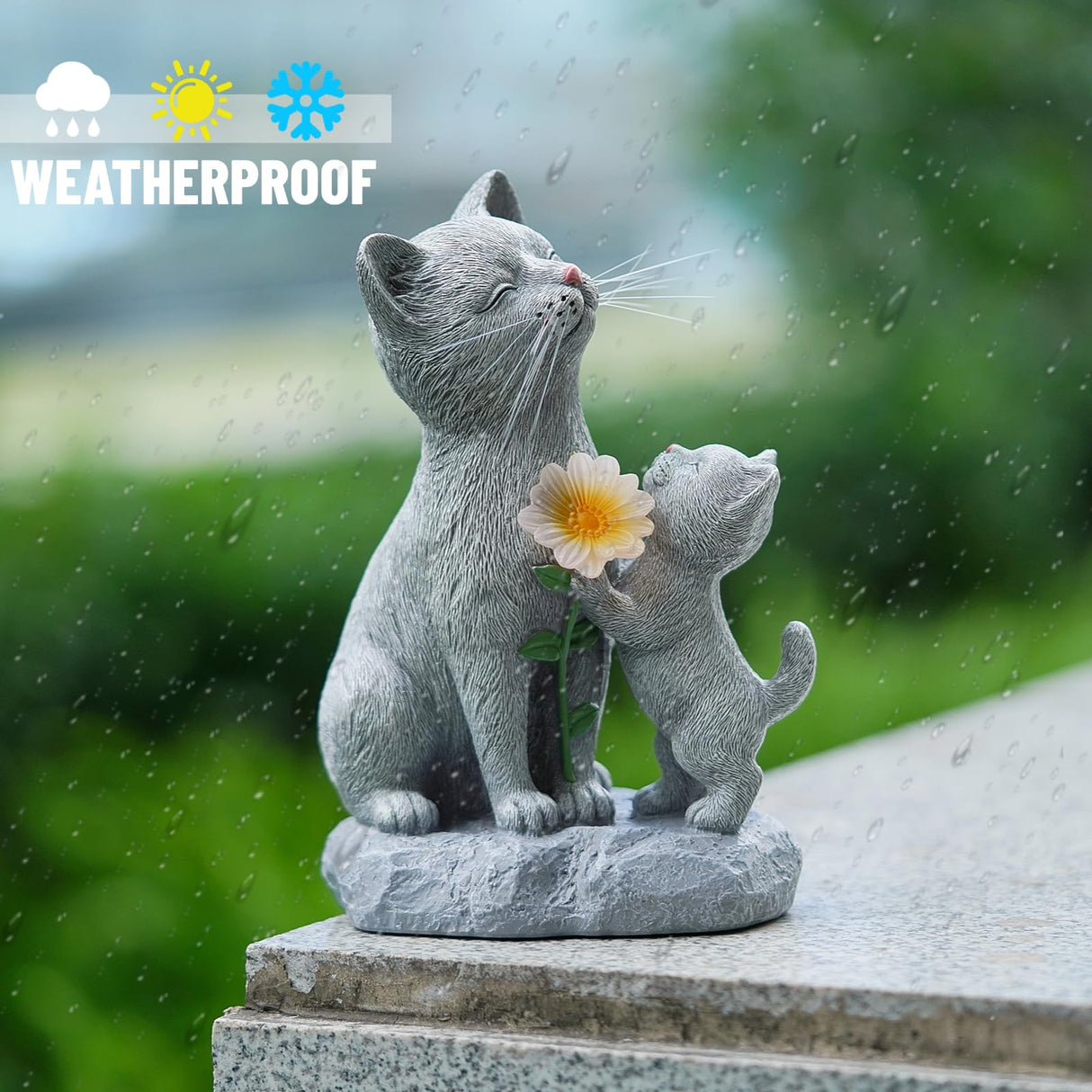 QZFFZQ Solar Cat Garden Statue Outdoor Decor - Mother & Kitten Figurines with Flower LED Light, Outside Yard Art Patio Balcony Lawn Ornament, Unique Gifts for Cat Lover
