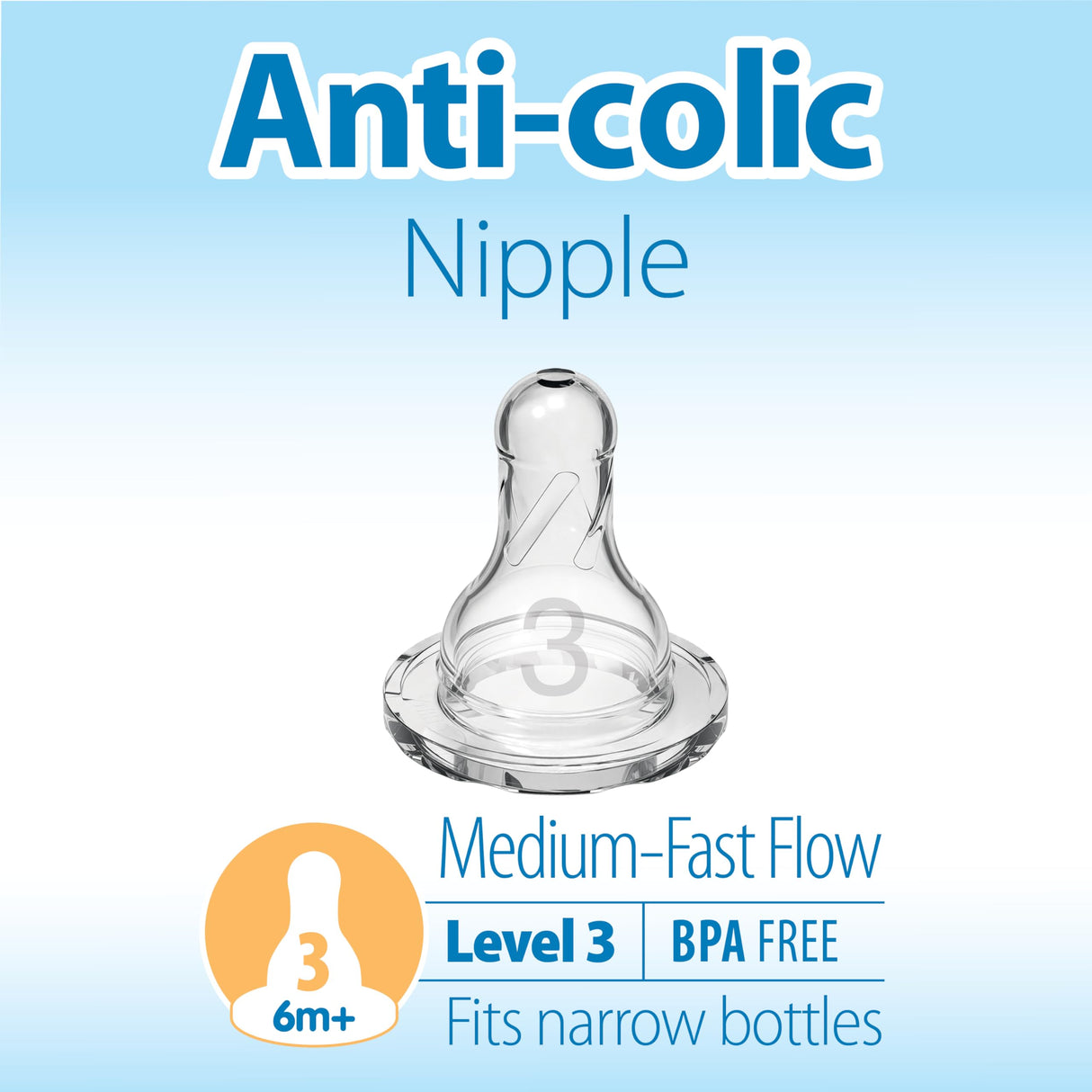 Dr. Brown’s Natural Flow Level 2 & Level 3 Narrow Baby Bottle Silicone Nipples, Medium-Fast Flow, 6m+, 100% Silicone Bottle Nipple, 6 Pack