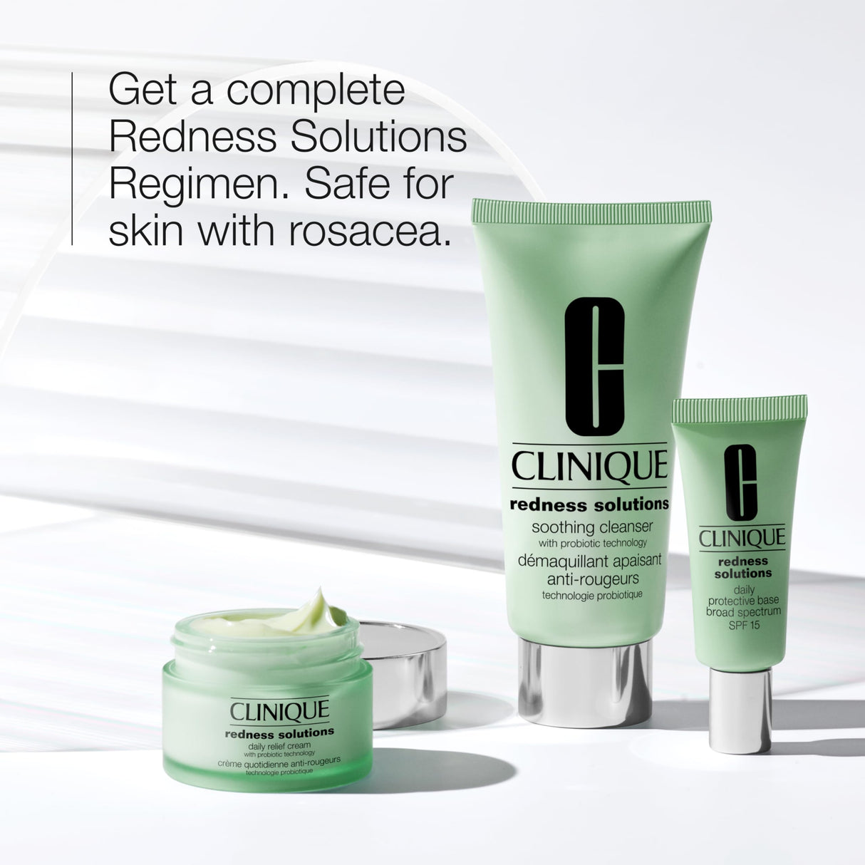 Clinique Redness Solutions Redness Regimen Skincare Set | Soothing Cleanser, 2.5 Fl Oz | Daily Relief Cream, 1 Fl Oz | Daily Protective Base Broad Spectrum SPF 15, 0.5 Fl Oz