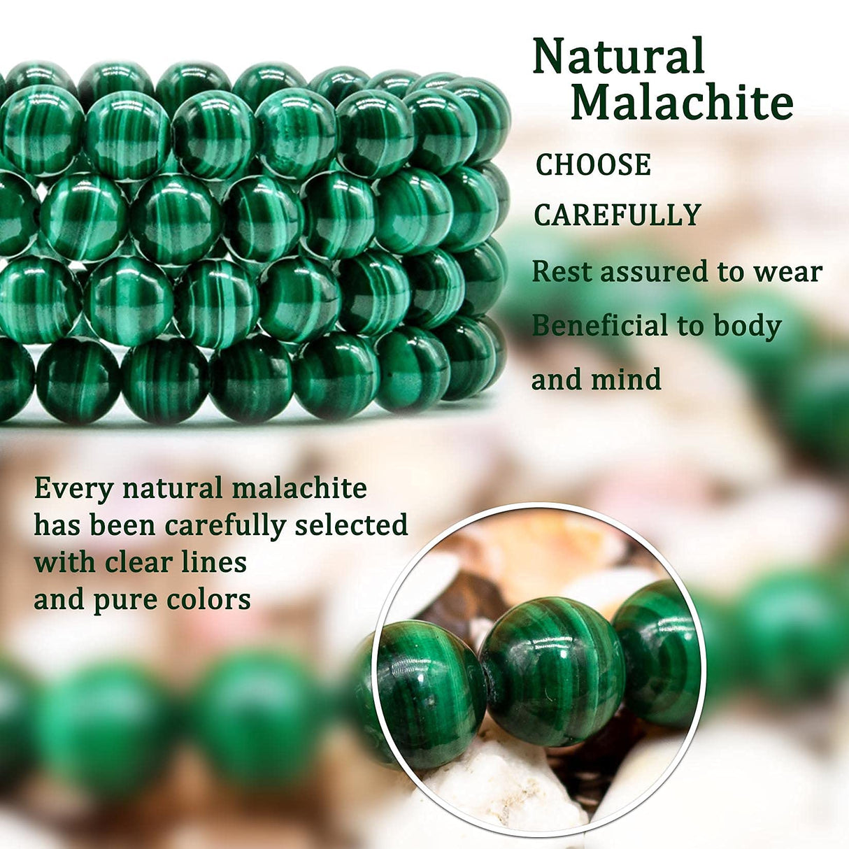 DAZCOLO 8mm Natural Crystal Stretch Bracelet (Malachite)