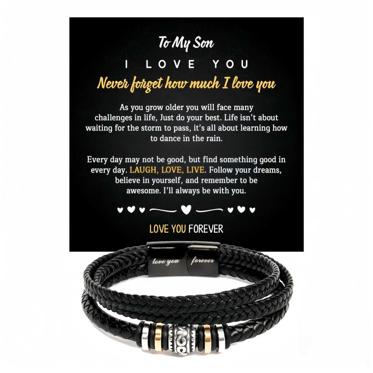 Men's Black Braided Leather Bracelet, Engraved "Love You Forever" 8.3in