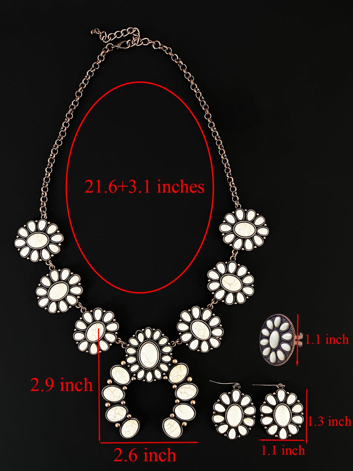 TOPACC 3 Pcs White Turquoise Jewelry for Women Western Necklace Cowgirl Earrings Boho Ring Indian Jewelry Set for Country Concert Outfit