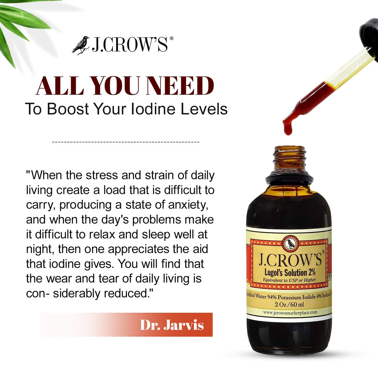 J.CROW'S® Lugol's Solution of Iodine 2% 2 oz (2 Bottle) – Premium Iodine & Potassium Iodide Liquid, Gluten &, Alcohol-Free Natural Brine Extract, No Expiration