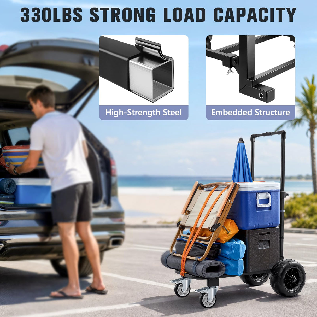 KEDSUM Beach Cart for Sand with 9" Airless Solid Big Wheels-No Deflated, 330LBS Heavy Duty Beach Dolly, 4-Wheel Push & Pull Beach Wagon for Beach, Camping, Rust-Resistant & Folds Compact