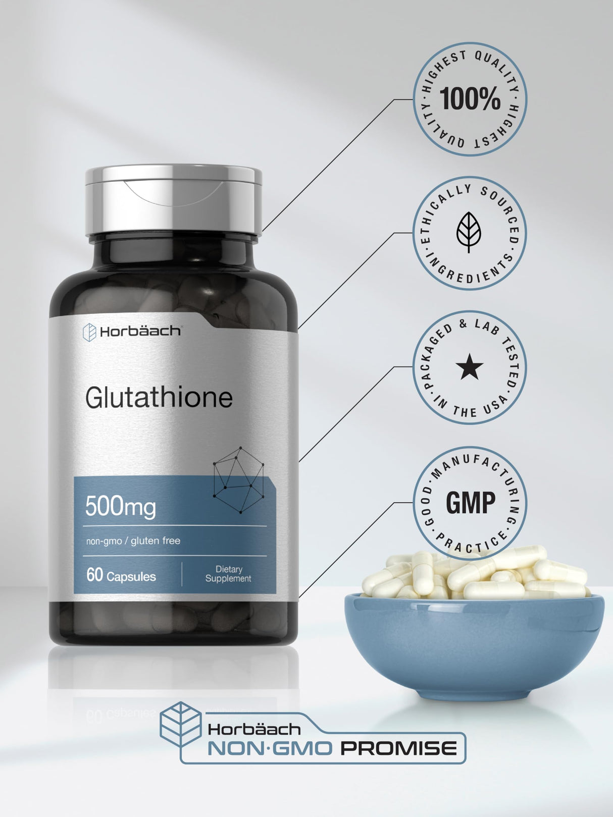 Horbäach Glutathione 500mg Reduced Supplement | 60 Capsules | Non-GMO & Gluten Free